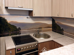 Кухонный фартук на основе ABS пластика, сложный полноцветный рисунок Восход над озером