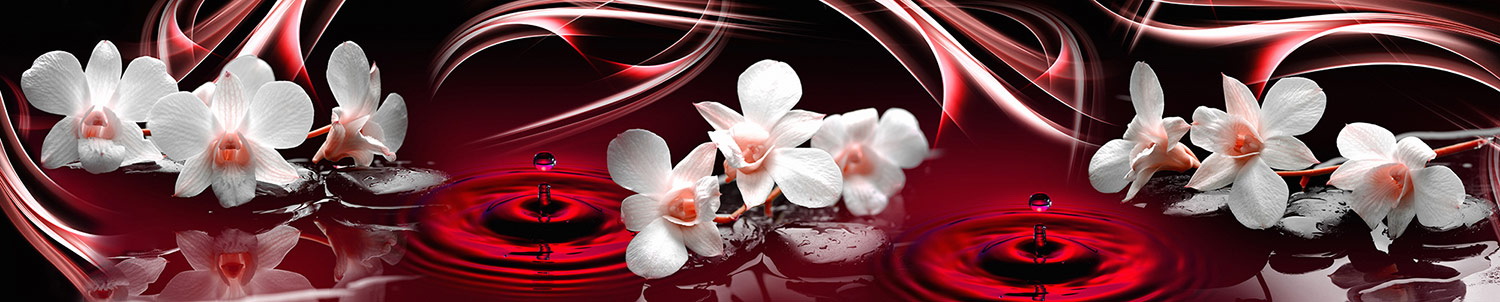 Кухонный фартук "Орхидеи на красном", полимерное стекло; 3000*600*3мм.