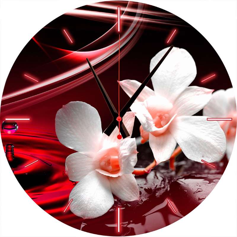 Часы стеклянные "Орхидеи на красном" (круглые) 300*300*4 мм.